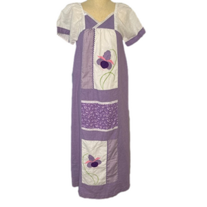 Vintage 1980s Quilt Block Floral Eyelet Maxi Dress Small